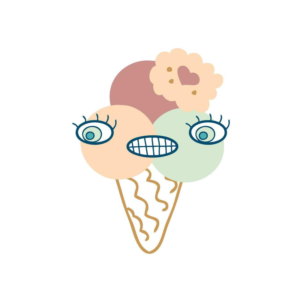 Cute giggle face three balls and cookie ice cream cone character. Perfect print for tee, sticker, poster. vector