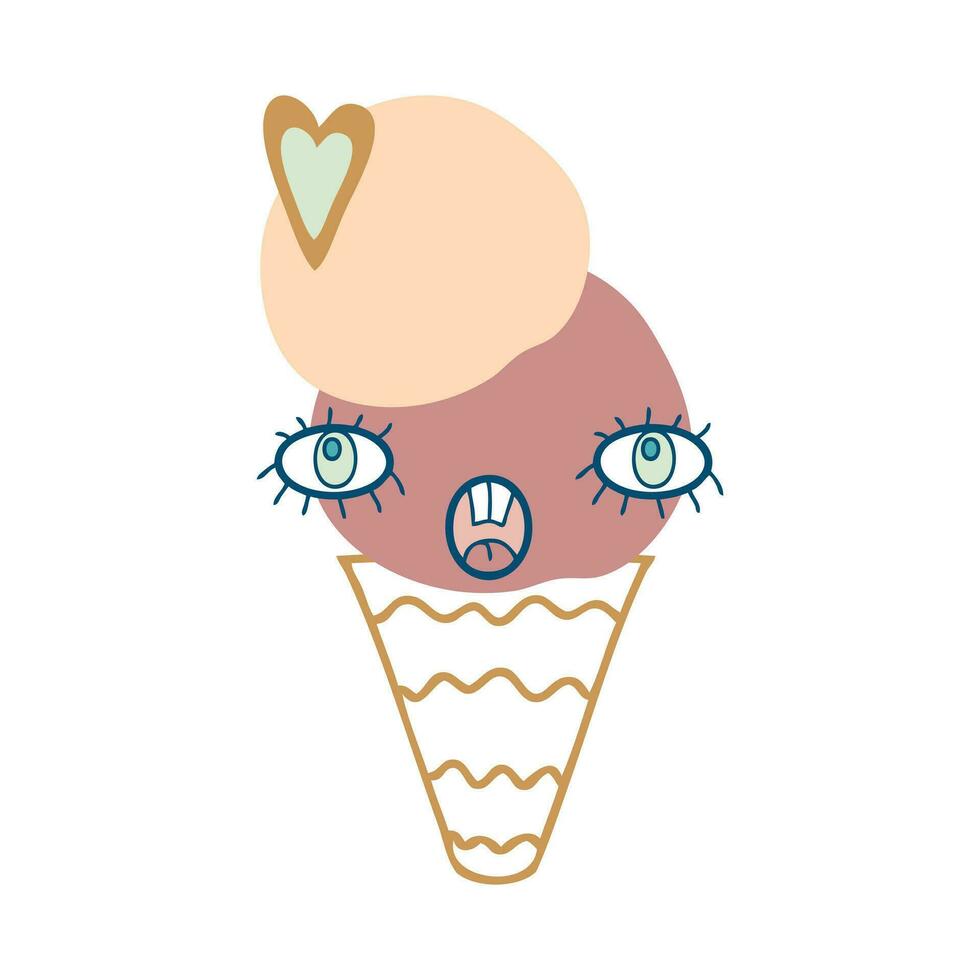 sorprendido cara dos pelotas hielo crema cono personaje con Galleta corazón. Perfecto impresión para tee, pegatina, póster. vector