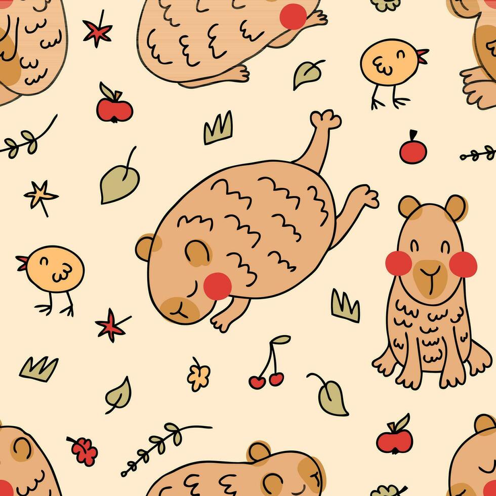 Capybaras and chickens seamless pattern in hand drawn style. Perfect print for tee, paper, textile and fabric. vector