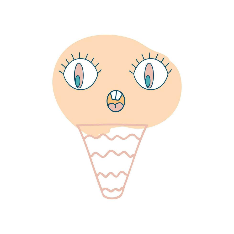 Surprised face ice cream cone character with googly eyes in retro style. Perfect print for tee, sticker, poster. vector