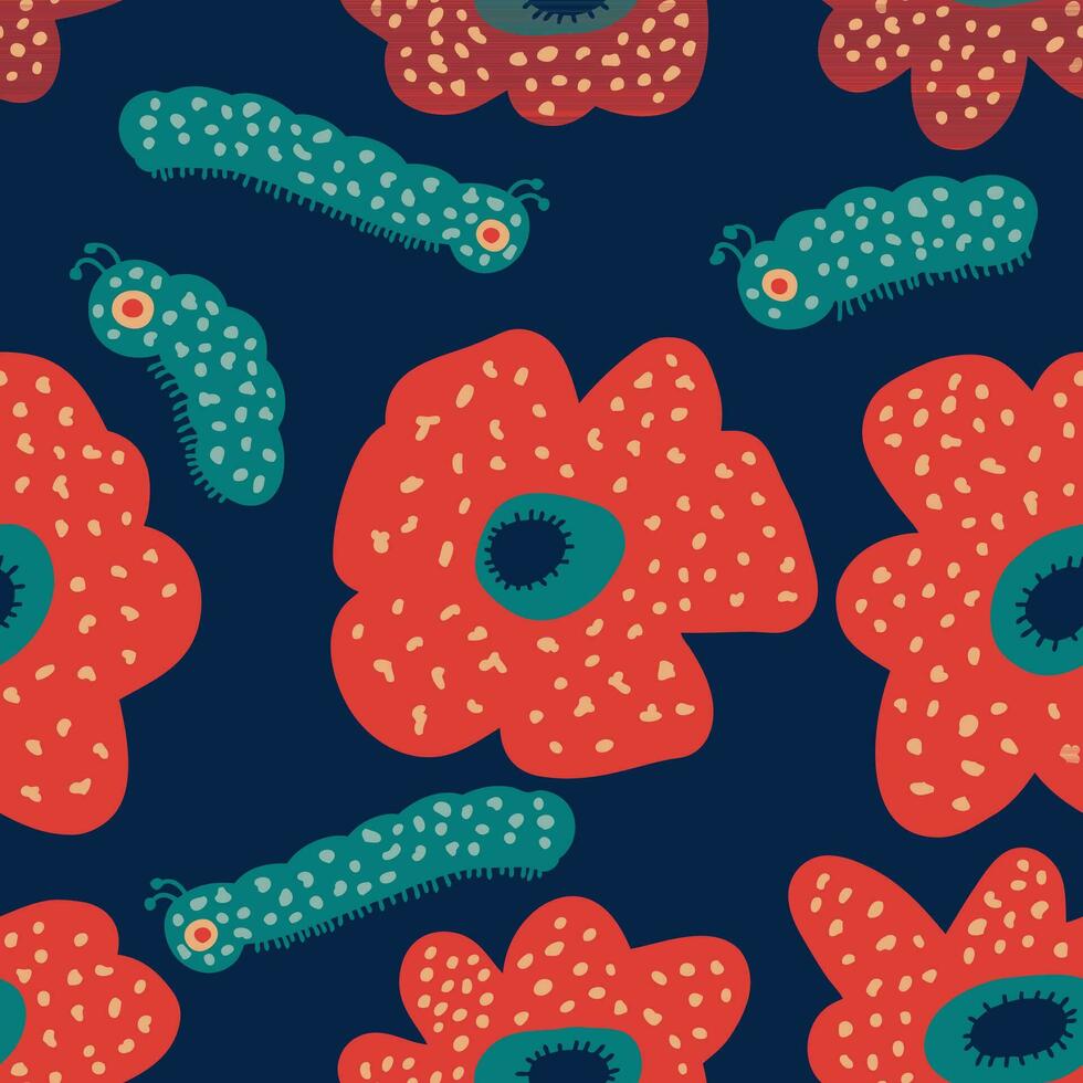 Rafflesia the biggest flower in the world and tropical millipedes seamless pattern. Perfect print for tee, paper, textile and fabric. vector