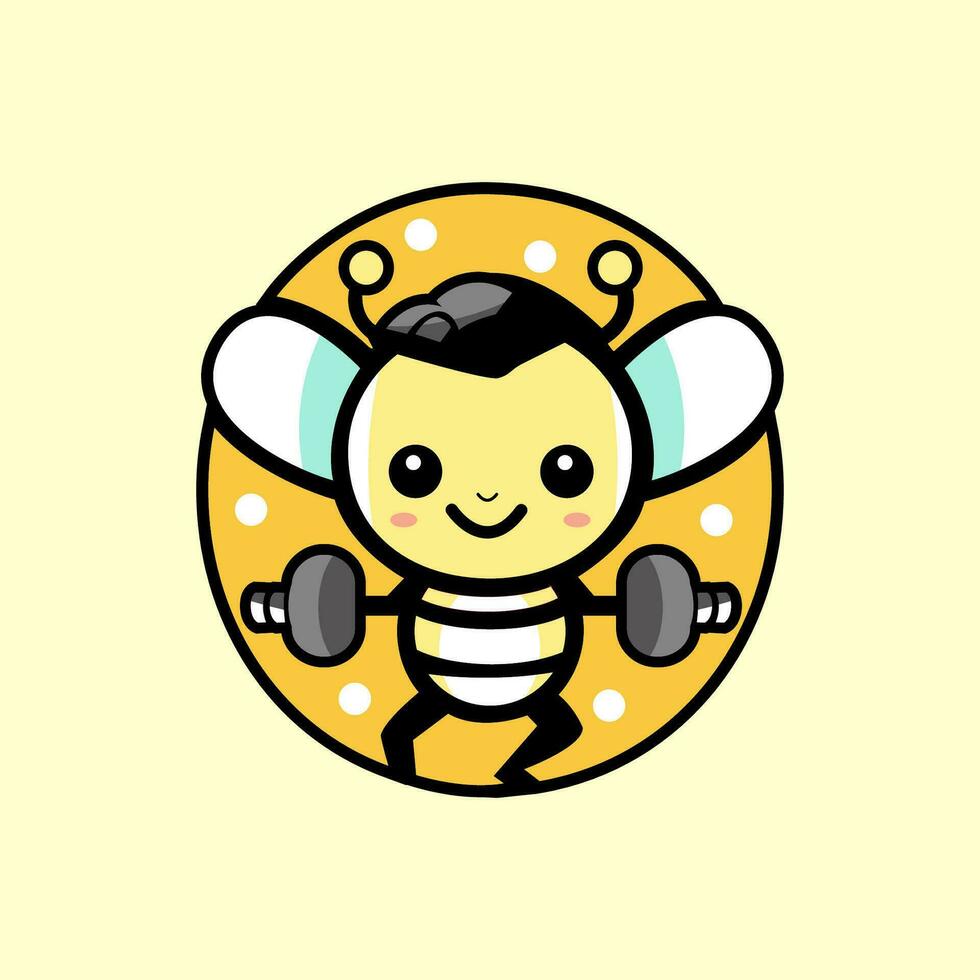 Vector logo illustration fitness of a bee and barbell flat cartoon illustration 1