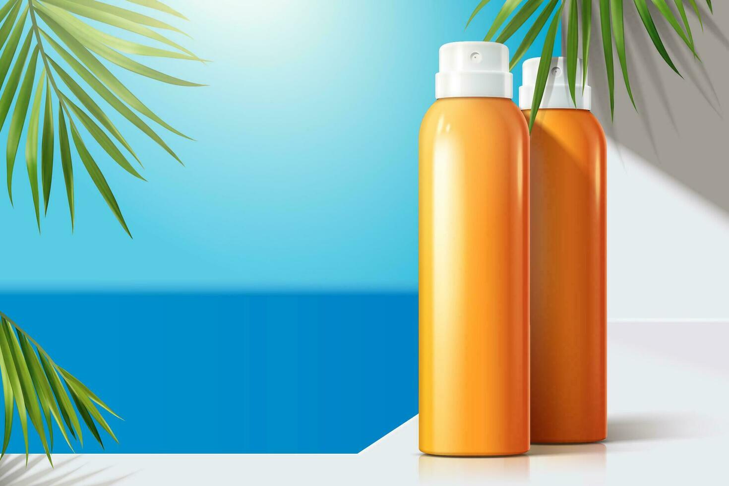 Sun spray blank bottles on white balcony with green palm leaves, 3d illustration bokeh summer ocean background vector