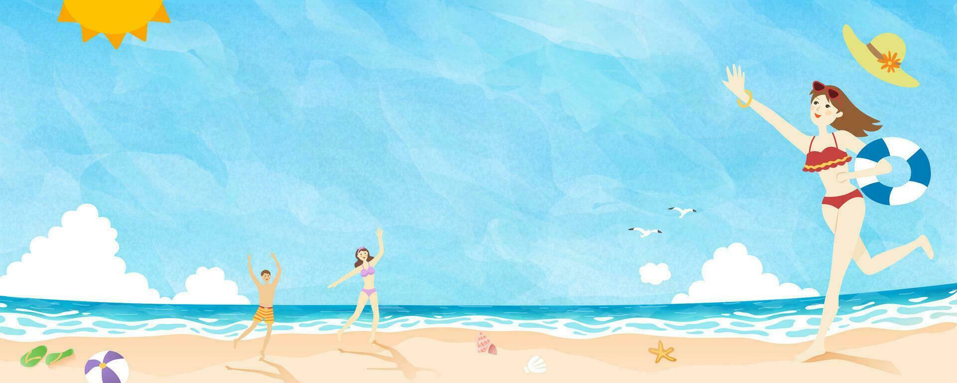 Summer time people playing at the beach doodle vector