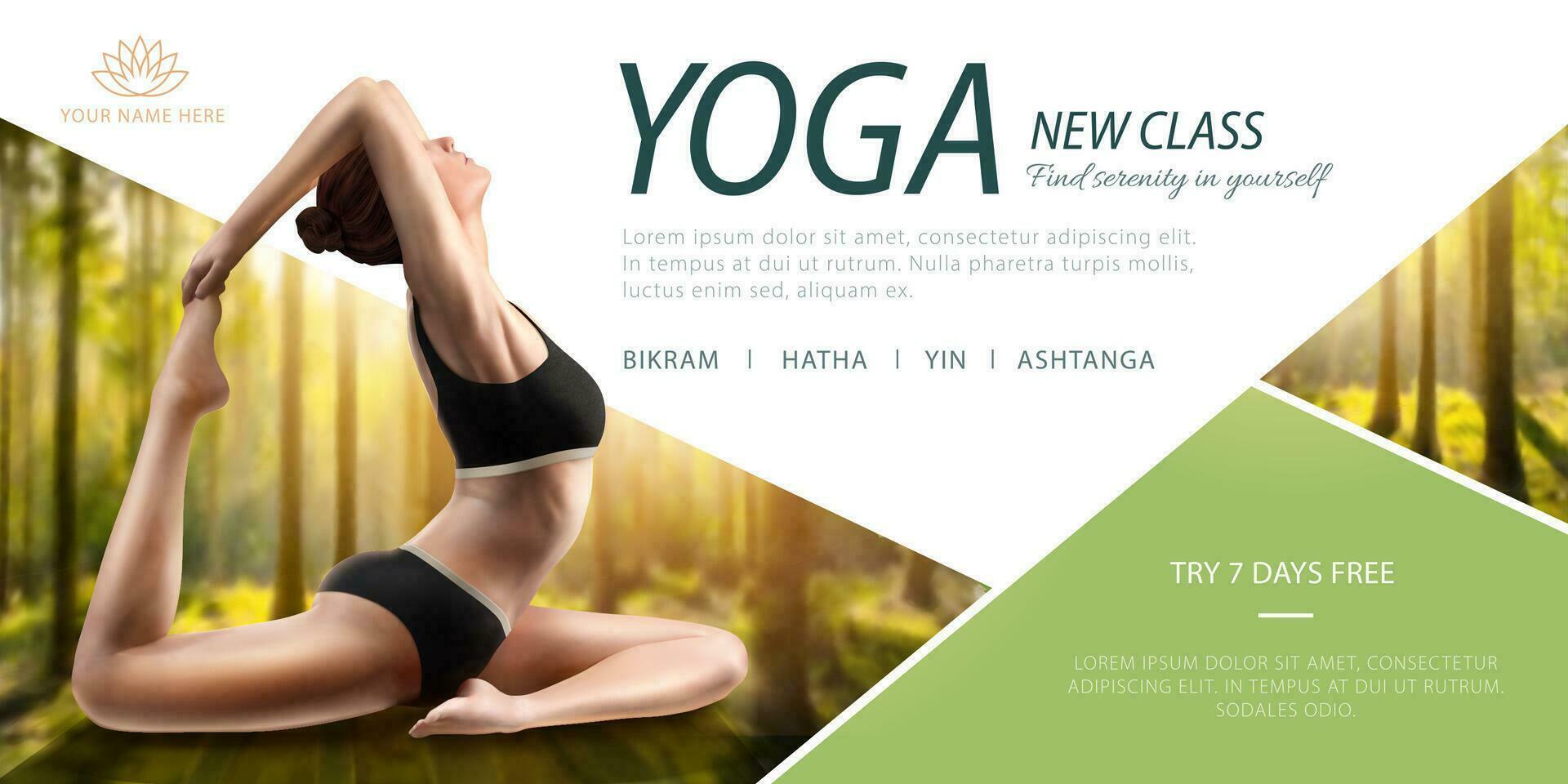 Woman practicing yoga on bokeh bokeh forest in 3d illustration, Yoga course banner vector