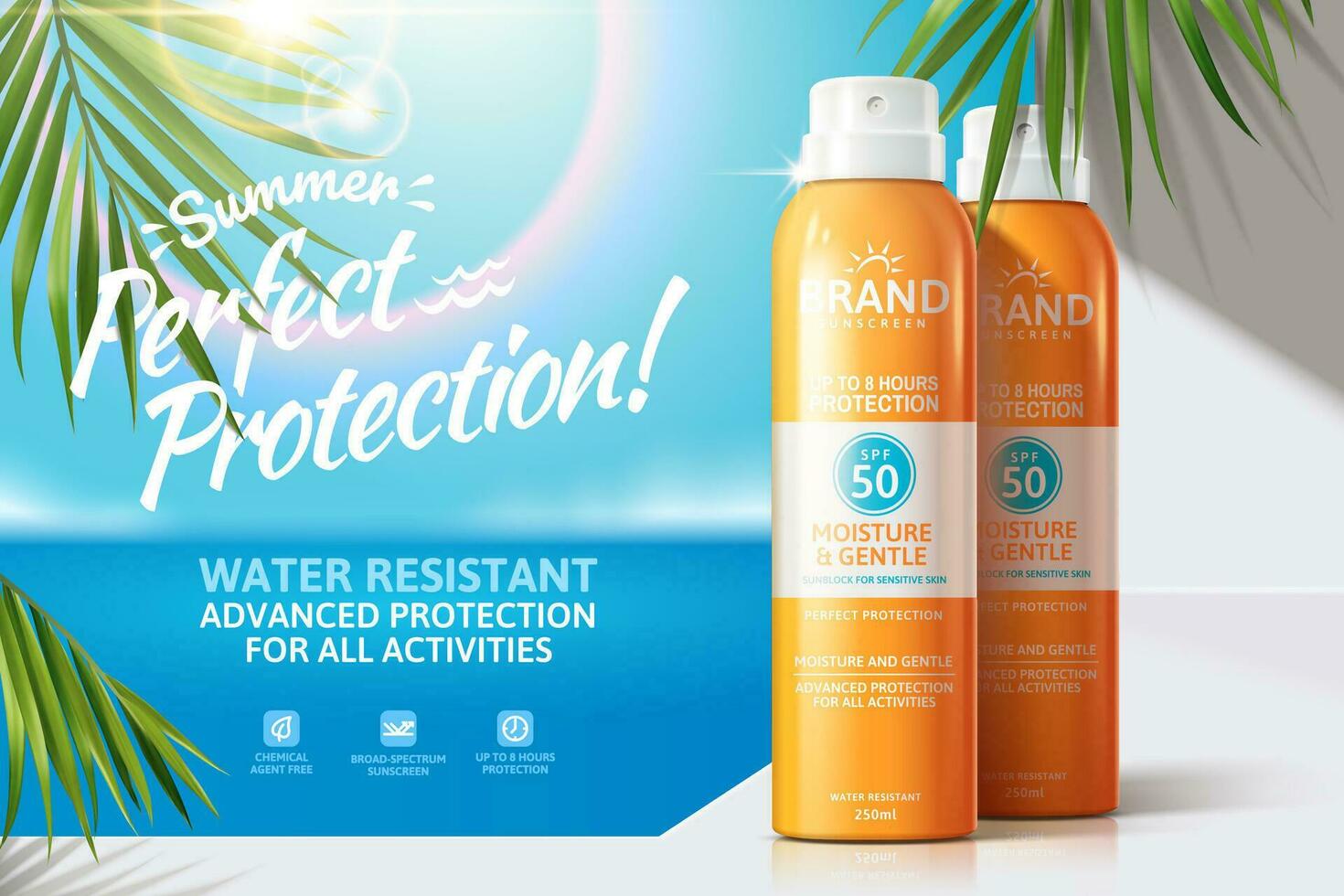Sun spray ads on white balcony with green palm leaves, 3d illustration bokeh summer ocean background vector