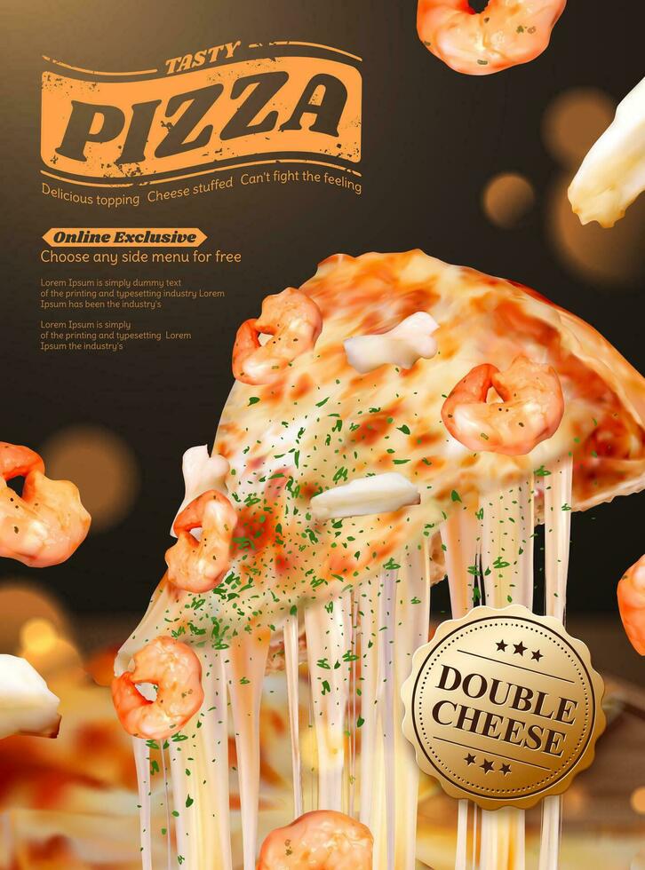 Tasty seafood pizza poster ads with stringy cheese in 3d illustration, shrimp and squid ring ingredients vector