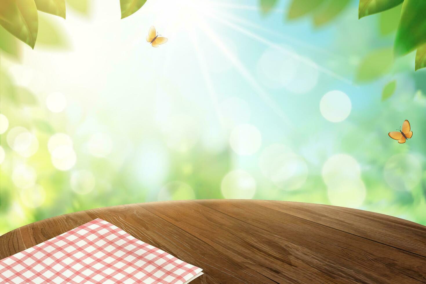 Grid tablecloth on wooden table and bokeh nature background in 3d illustration vector