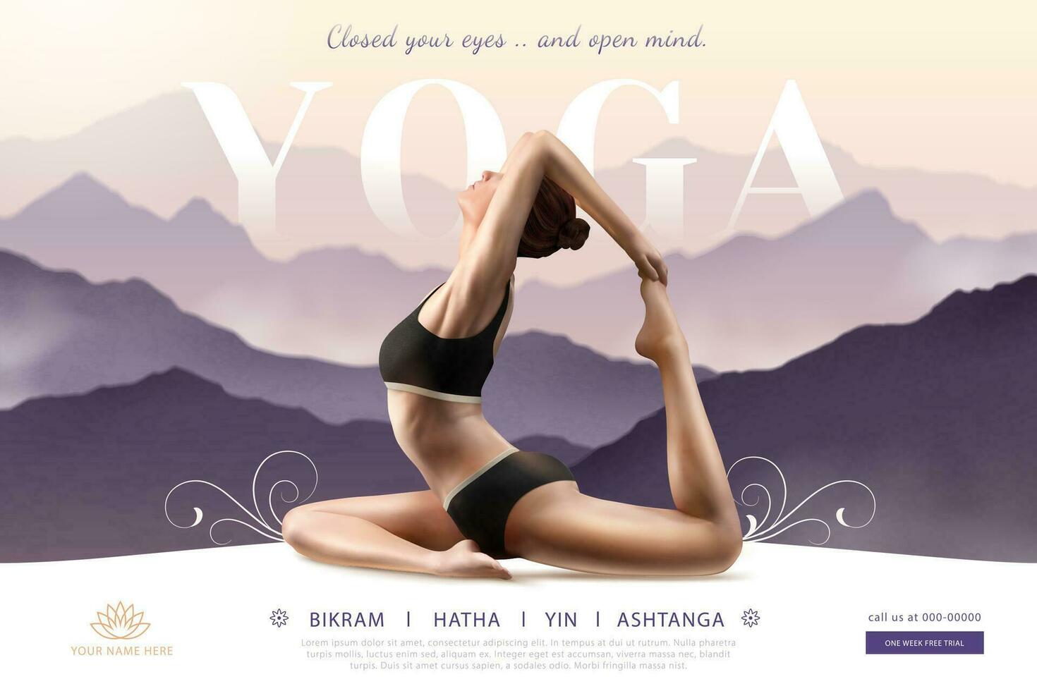 Woman practicing yoga on bokeh purple mountain in 3d illustration, Yoga course ads vector