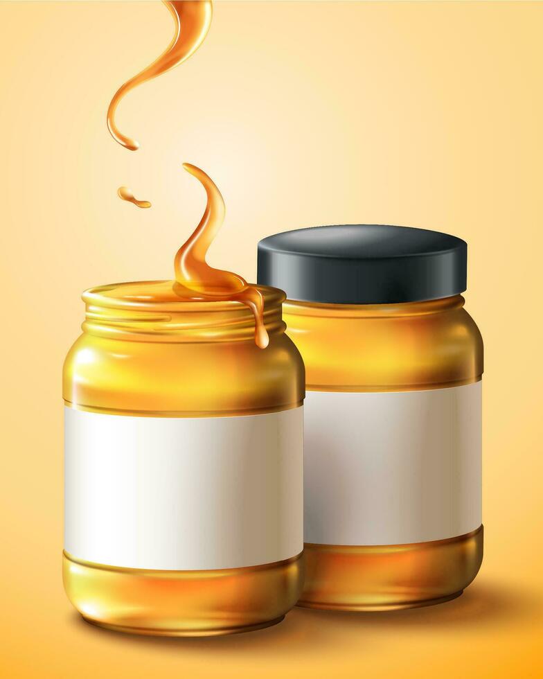 Sweet honey in glass jar on light yellow background, 3d illustration vector