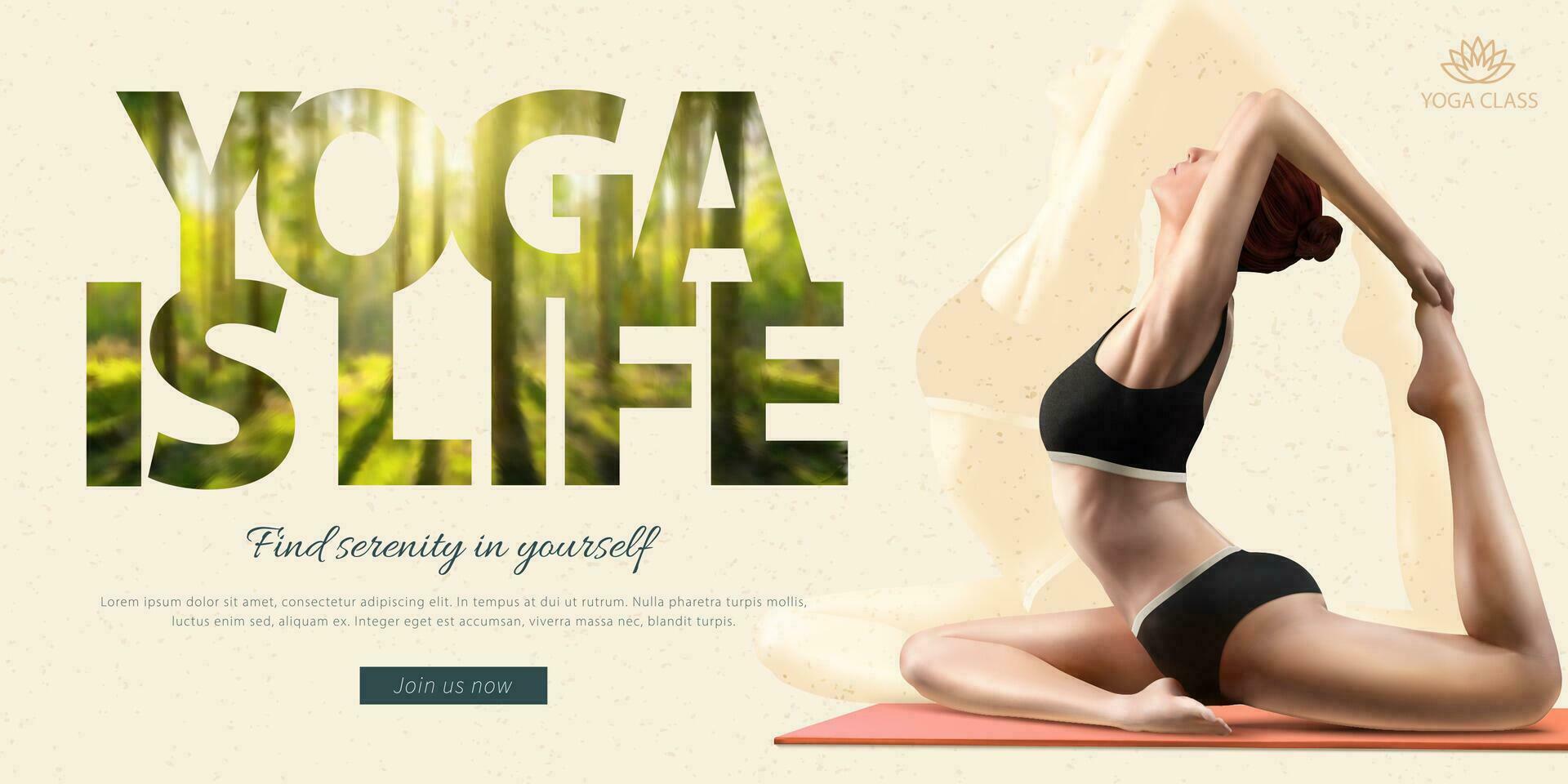 Woman practicing yoga on yoga mat in 3d illustration, Yoga course ads vector