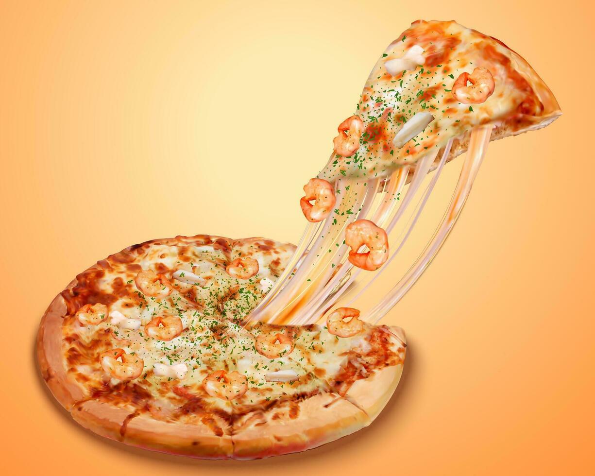 Stringy seafood pizza poster ads with cheese and rich ingredients in 3d illustration vector
