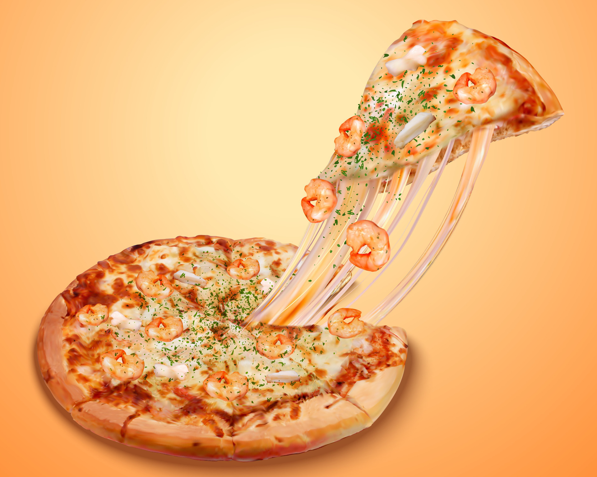 Stringy seafood pizza poster ads with cheese and rich ingredients in 3d