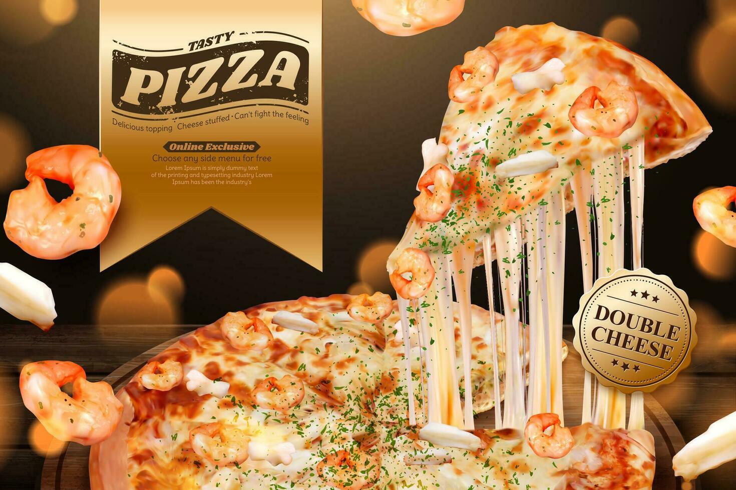 Tasty seafood pizza ads with stringy cheese in 3d illustration, shrimp and squid ring ingredients vector