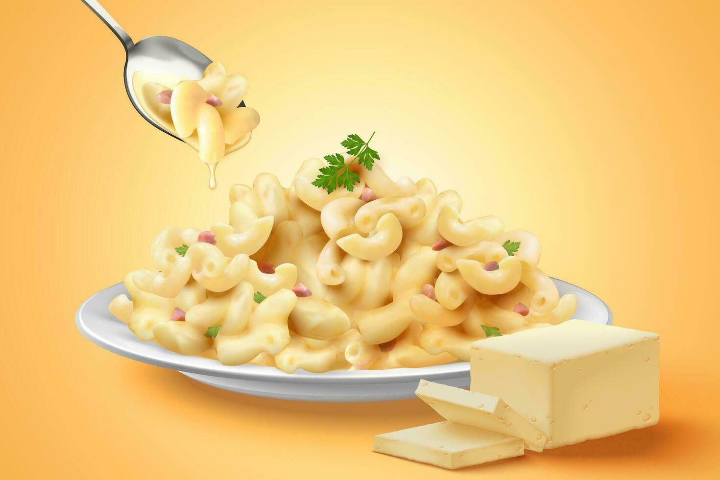 Delicious macaroni with cheese in 3d illustration vector