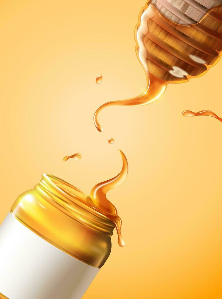 Sweet honey in glass jar with honey dipper, 3d illustration vector