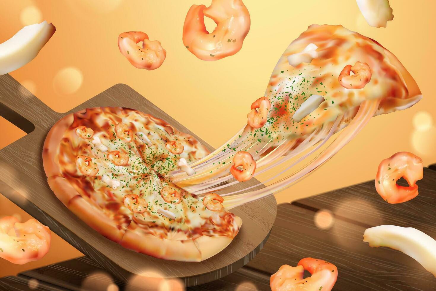 sabroso Mariscos Pizza anuncios con fibroso queso en 3d ilustración, camarón y calamar anillo ingredientes vector