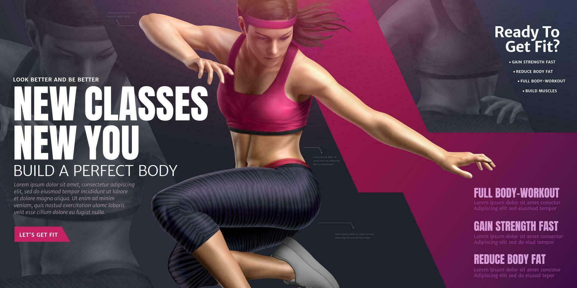 Body building class with dancing woman in 3d illustration vector