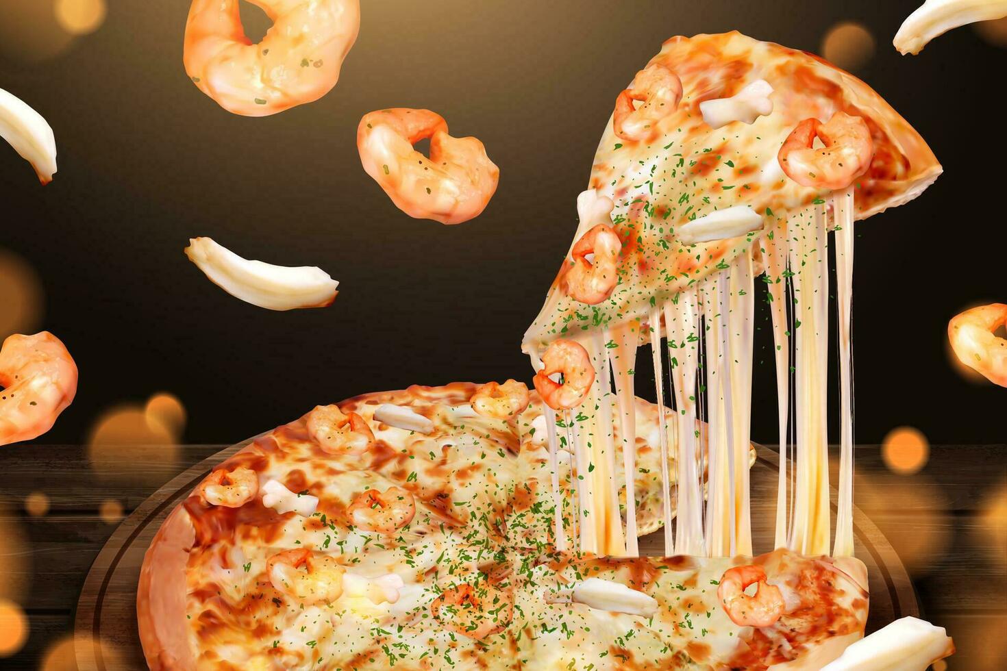 Tasty seafood pizza ads with stringy cheese in 3d illustration, shrimp and squid ring ingredients vector