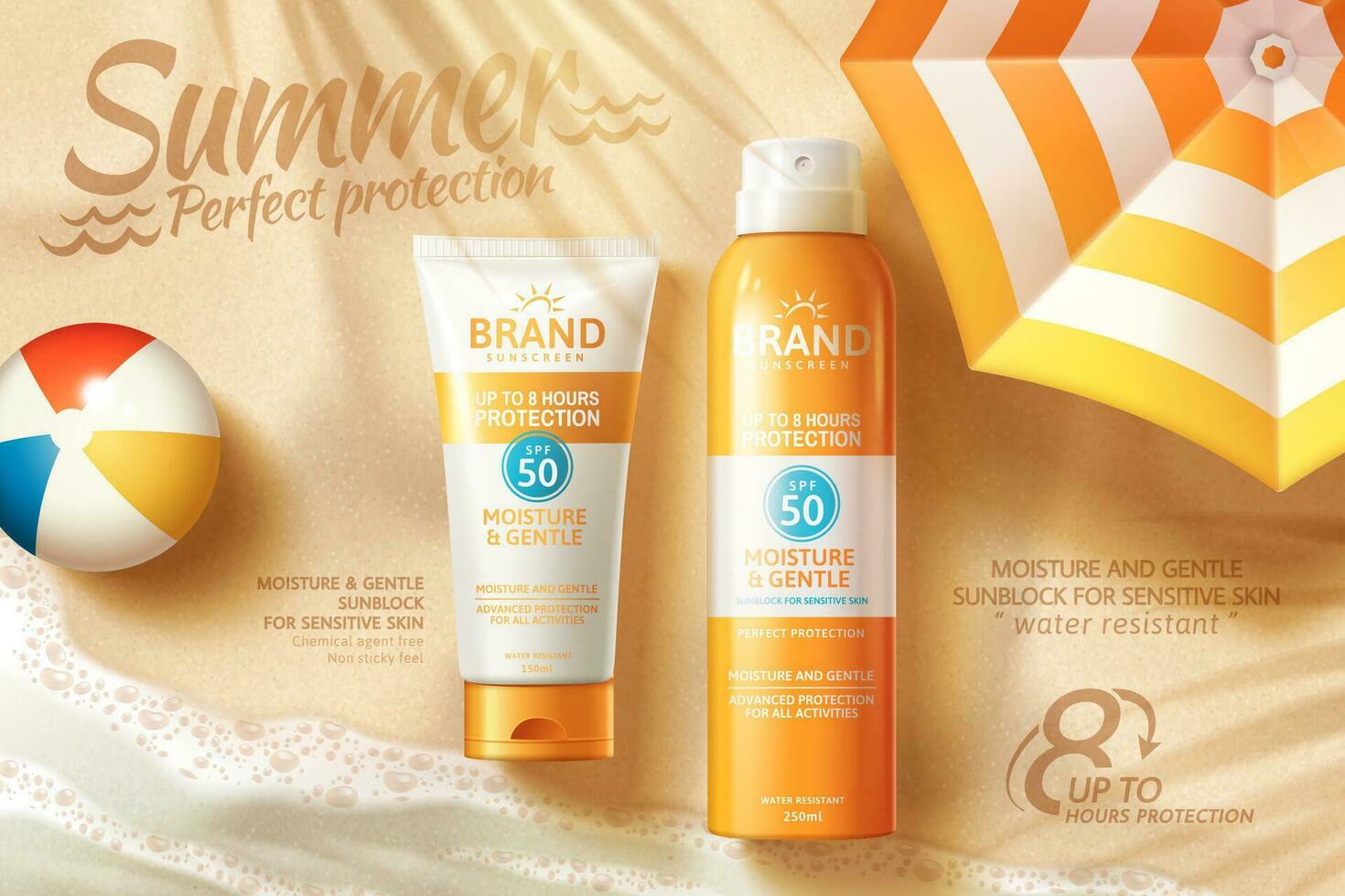 Sunscreen spray and tube ads laying on summer beach with parasol in 3d illustration vector
