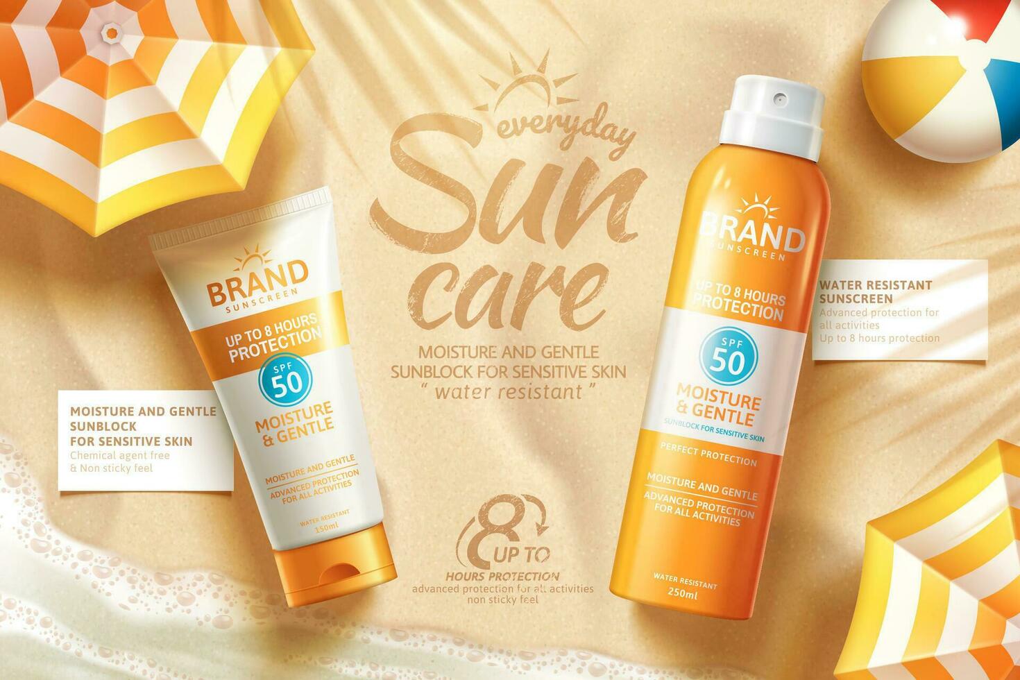 Sunscreen spray and tube ads laying on summer beach with parasol in 3d illustration vector