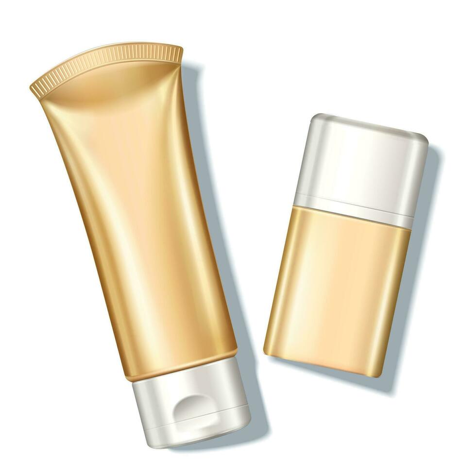 Blank golden sunscreen bottle in top view angle, 3d illustration vector