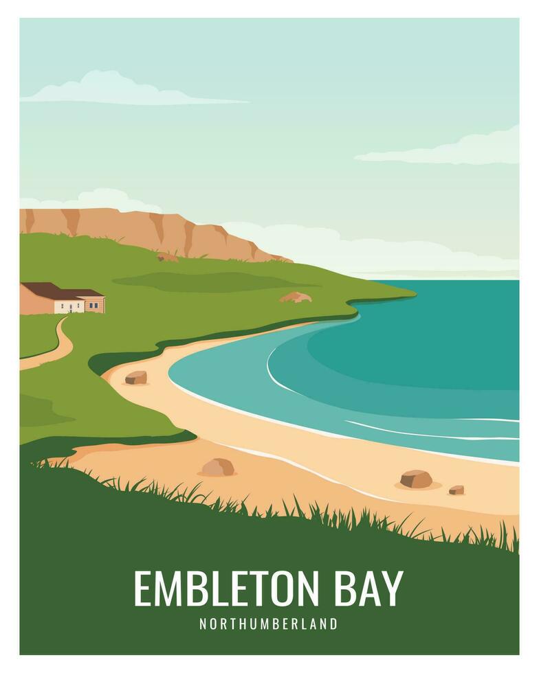 viaje póster en emblema con bahía amplio arenoso playa en Northumberland. vector ilustración para tarjeta, tarjeta postal ,imprimir, arte, decoración