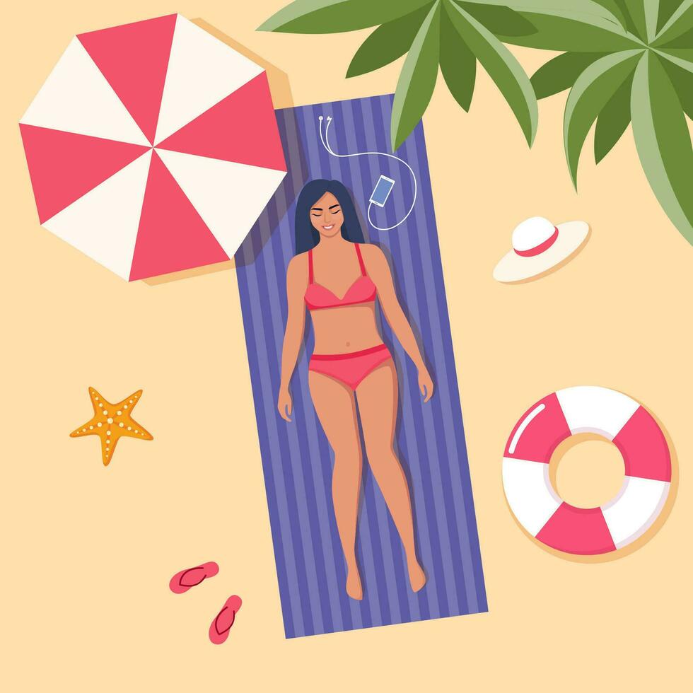 Beautiful young woman in swimsuit sunbathes on the beach. Top view beach background. Summer time vacations. Vector illustration.