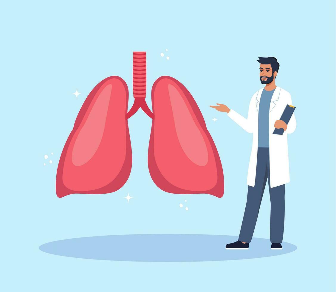 Doctor gives a training lecture about anatomy. Doctor presenting human lungs infographics. Medical seminar, lecture, healthcare meeting concept. Vector illustration.