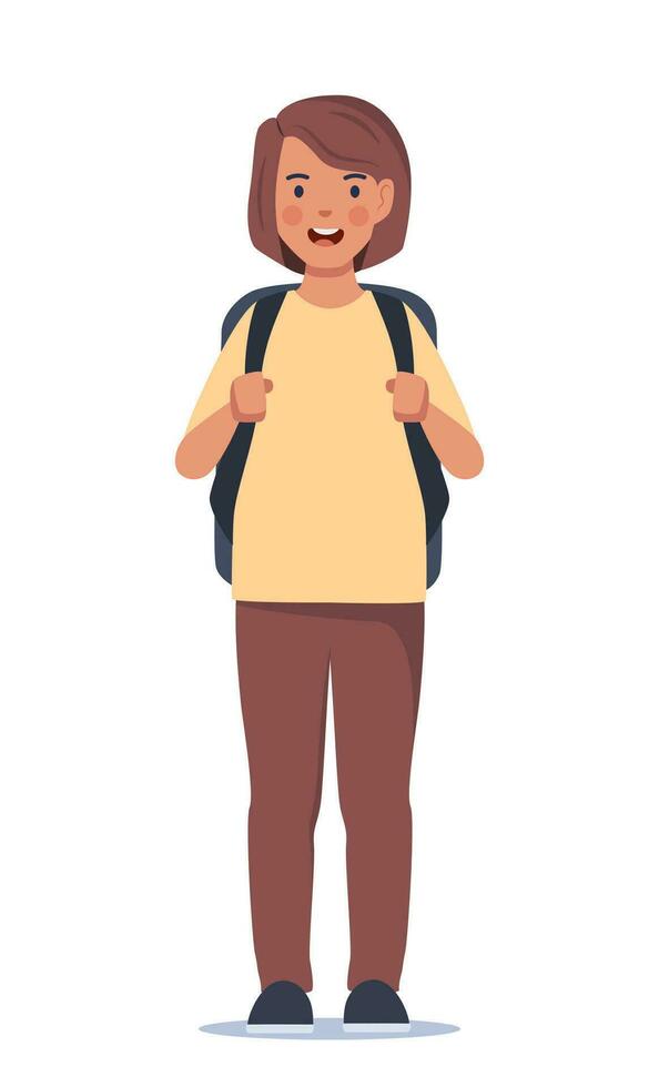 Portrait of happy school girl with backpack. Girl kid. Back to school. Vector illustration.