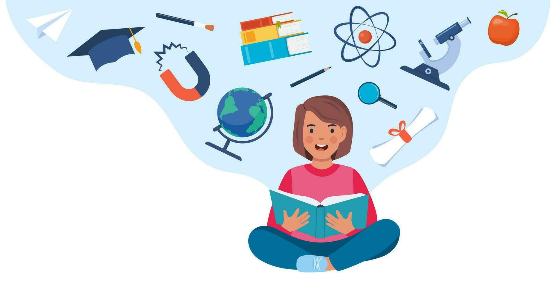 Girl sitting on the floor with opened book. School icons around. Microscope, atom, books, magnet, globe, basketball. Education concept. Knowledge, creativity, discoveries. Back to school. Vector. vector