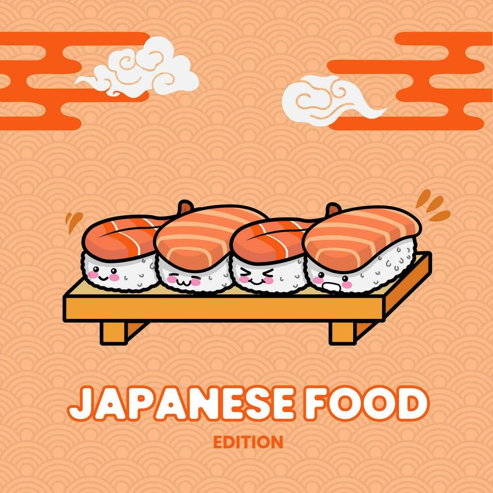 Sushi japonés comida mascota pegatina ilustración vector