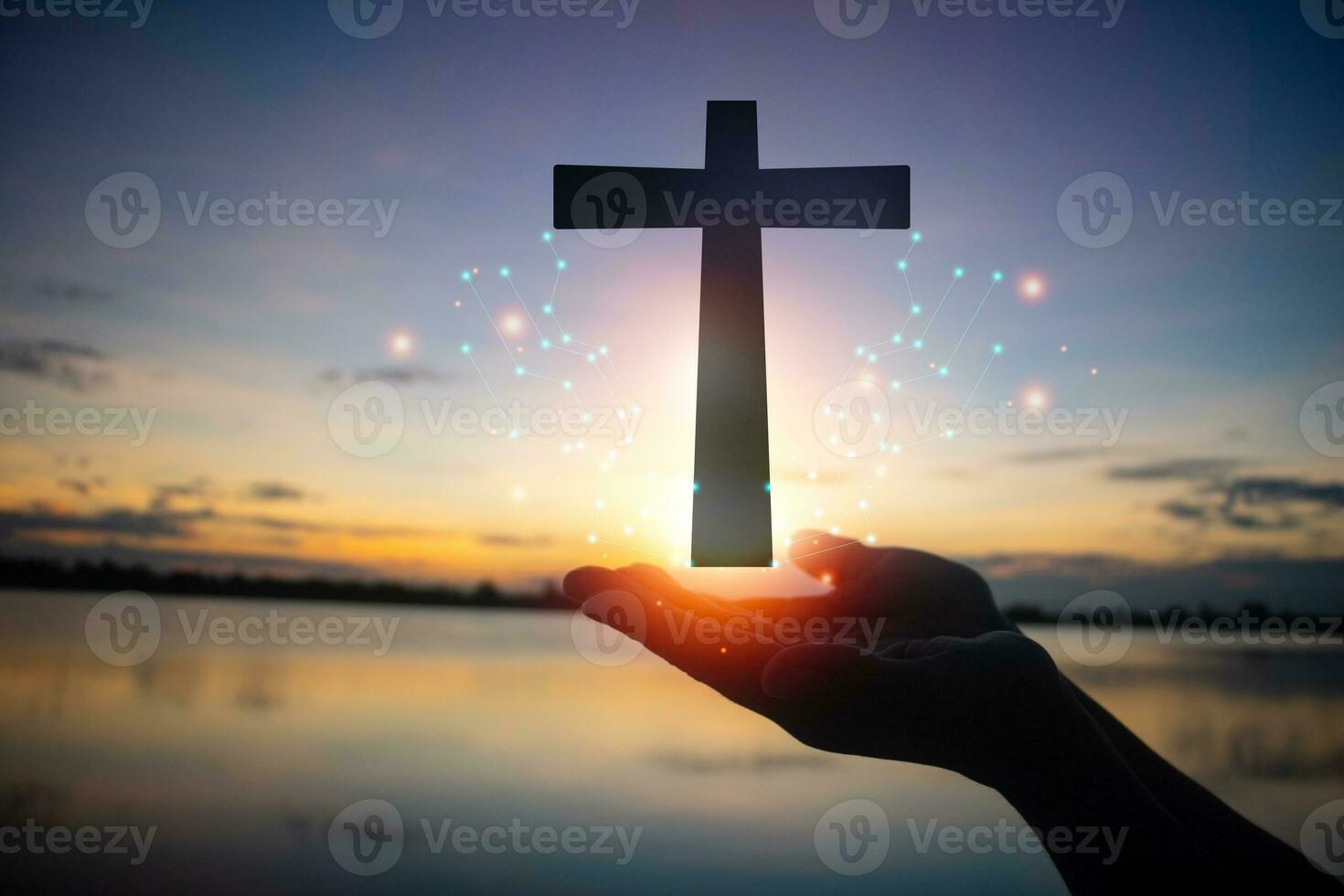 A man raises her hands and cross  with sunset.She is so calm hope,respect,spiritual , crucifix,religion and peace.Photo Christian and hope concept idea. photo