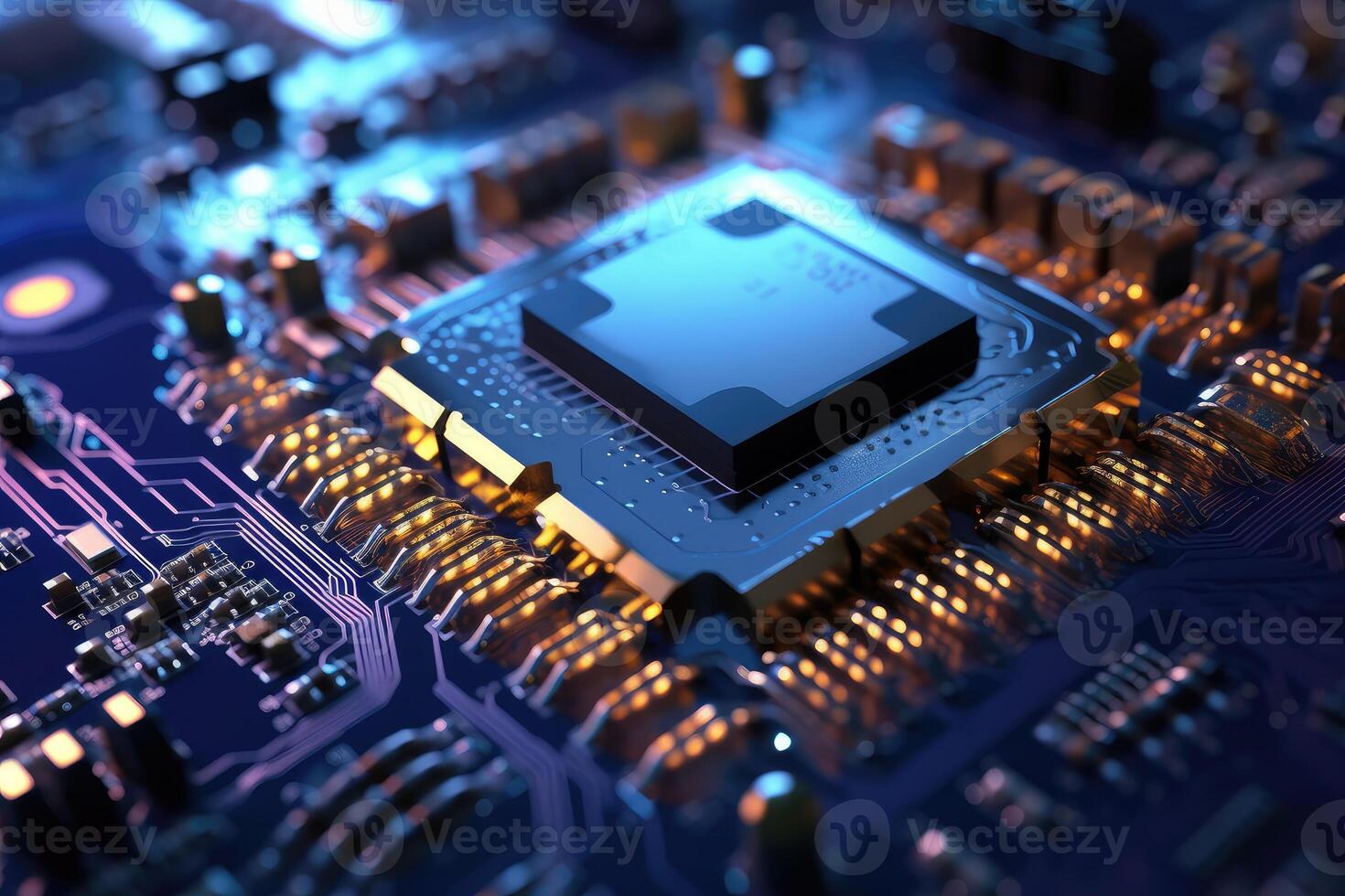 Hight semiconductor technology chip on integrated circuit board, line in light, metallic luster, technology, Abstract technology background, illustration. photo