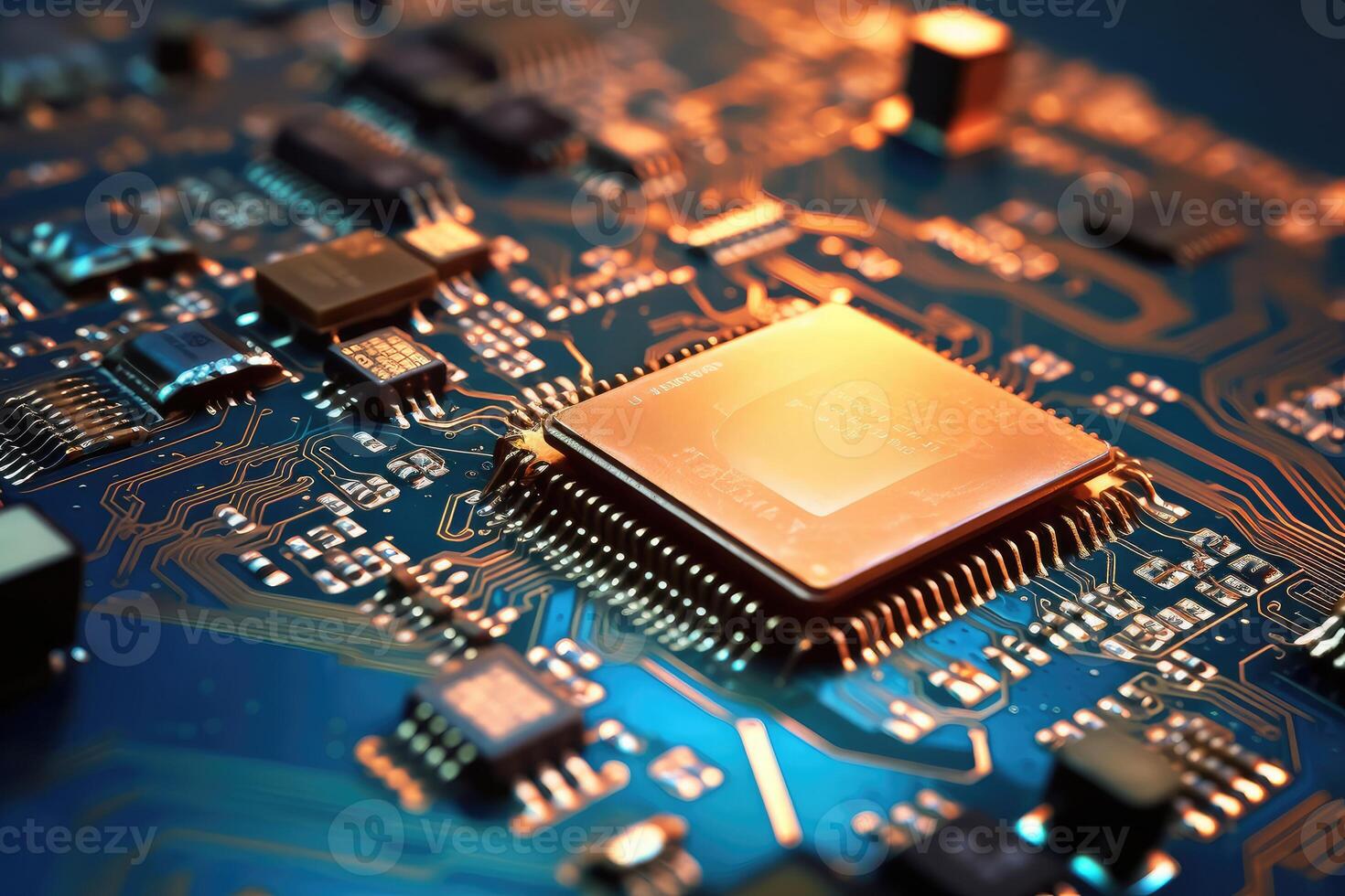 Hight semiconductor technology chip on integrated circuit board, line in light, metallic luster, technology, Abstract technology background, illustration. photo