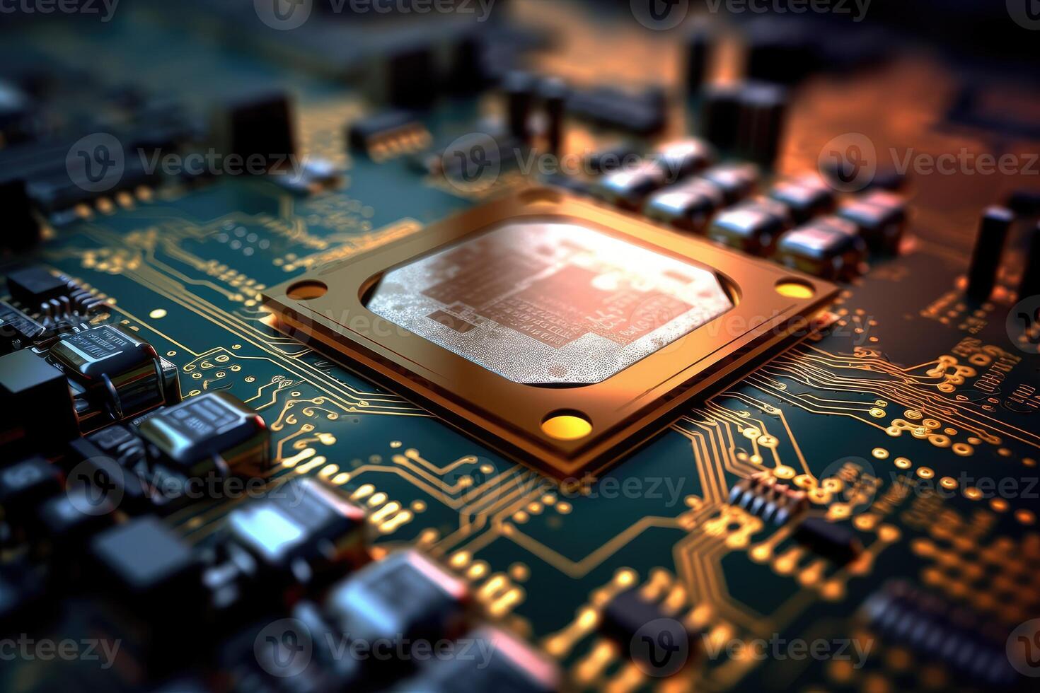 Hight semiconductor technology chip on integrated circuit board, line in light, metallic luster, technology, Abstract technology background, illustration. photo