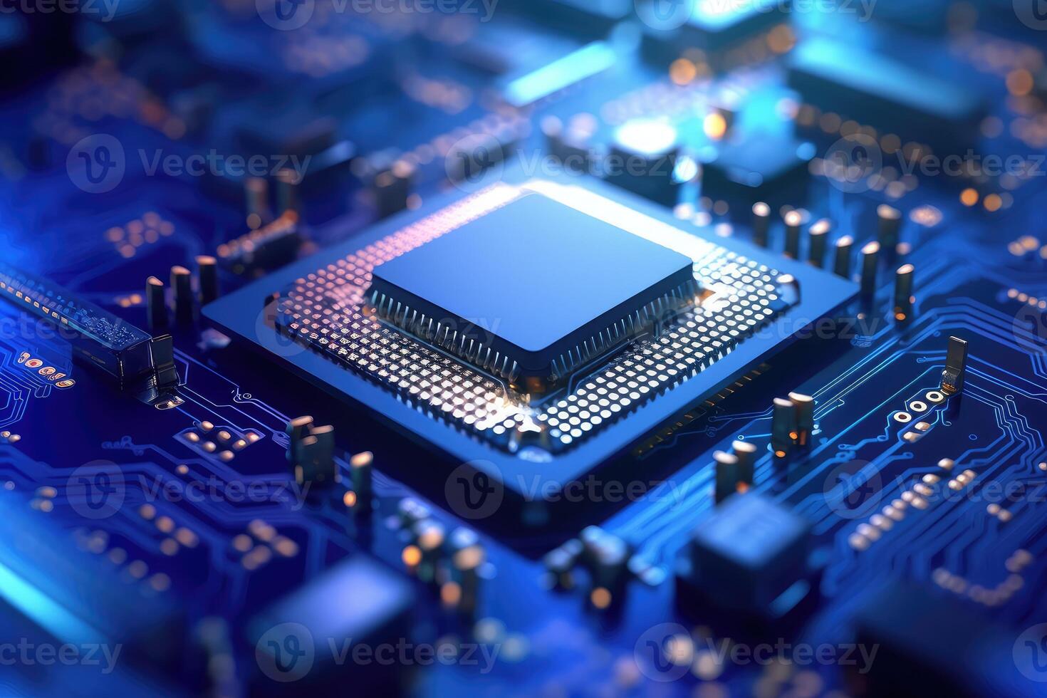 Hight semiconductor technology chip on integrated circuit board, line in light, metallic luster, technology, Abstract technology background, illustration. photo