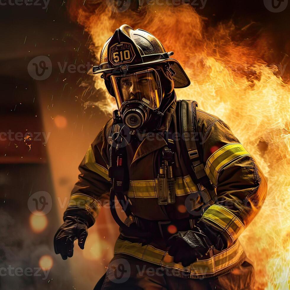 Firefighter in foreground with burning buildings in background. safety fire fighter team,department Fireman in special heat resistant protection suit. illustration. photo