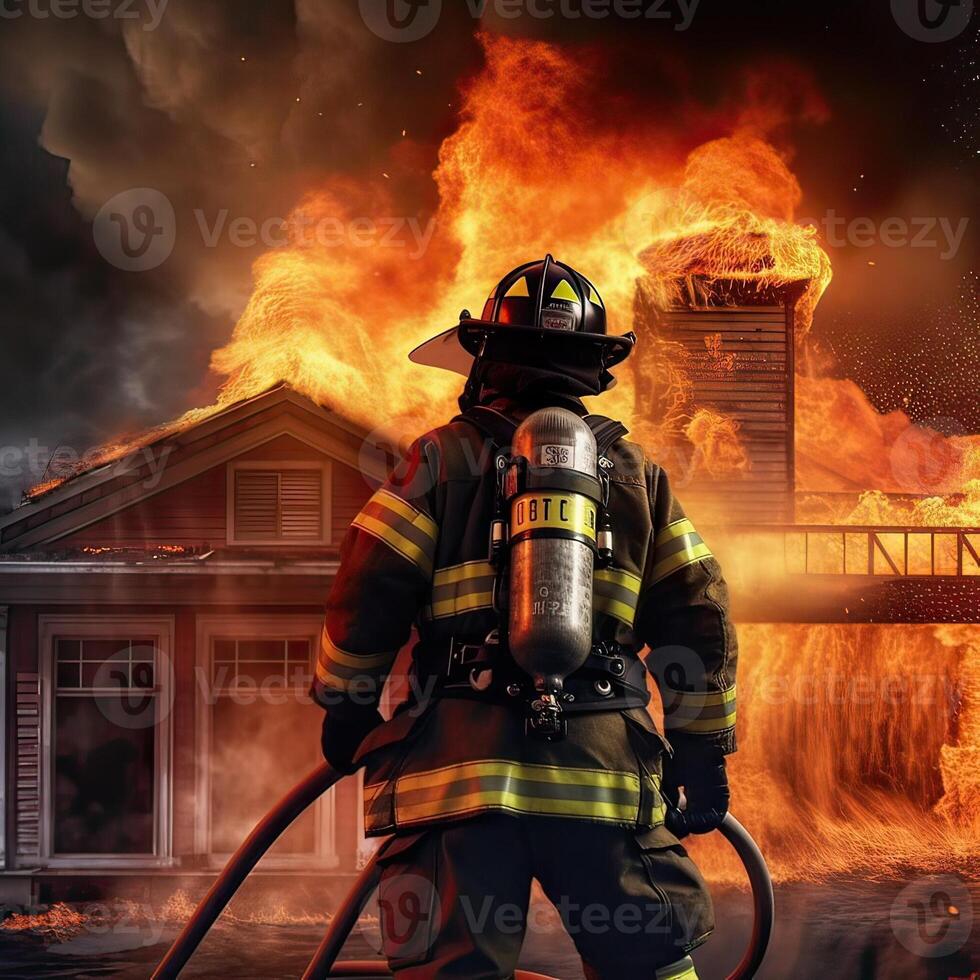 bombero en primer plano con ardiente edificios en antecedentes. la seguridad fuego combatiente equipo, departamento bombero en especial calor resistente proteccion traje. generativo ai ilustración. foto