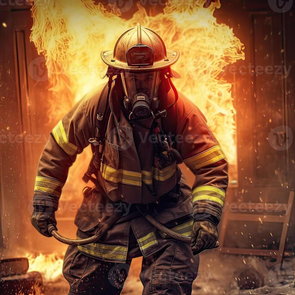 Firefighter in foreground with burning buildings in background. safety fire fighter team,department Fireman in special heat resistant protection suit. illustration. photo