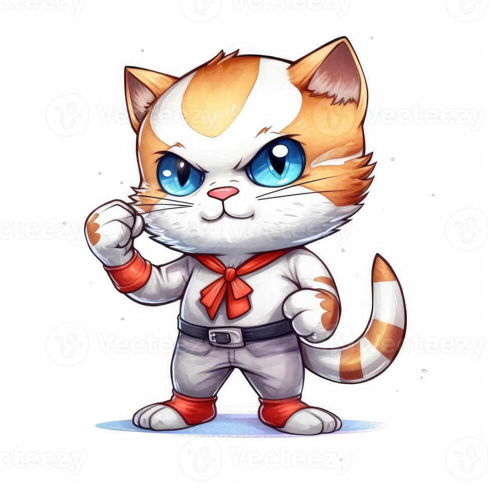 cute animal of anthropomorphic cat as warrior on isolate white background full body. illustration. photo