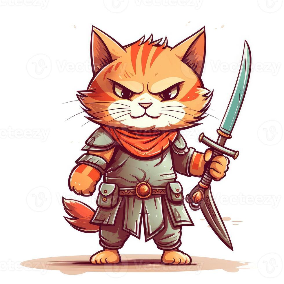cute animal of anthropomorphic cat as warrior on isolate white background full body. illustration. photo