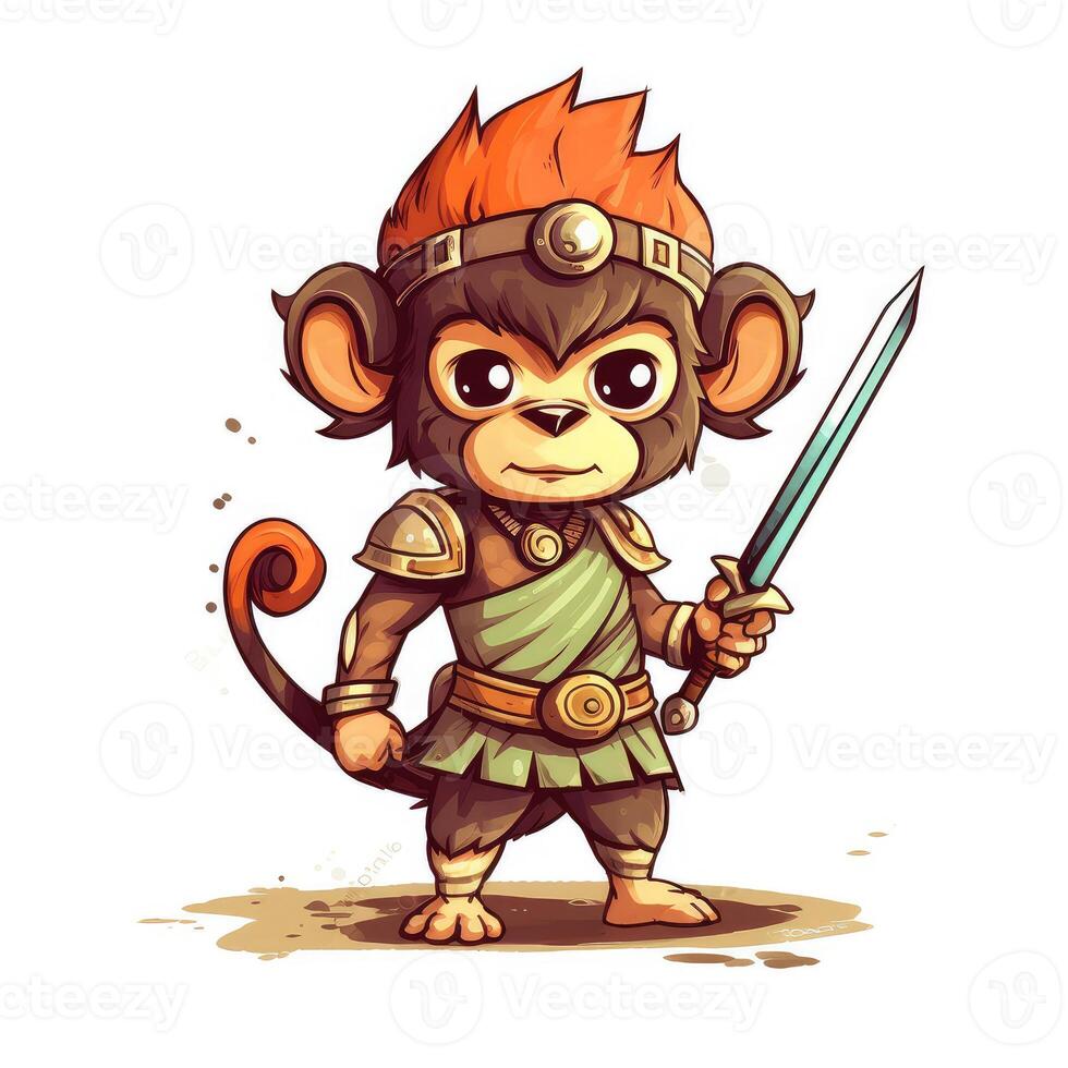 Cute animal of anthropomorphic monkey as warrior on isolate white background full body. illustration. photo