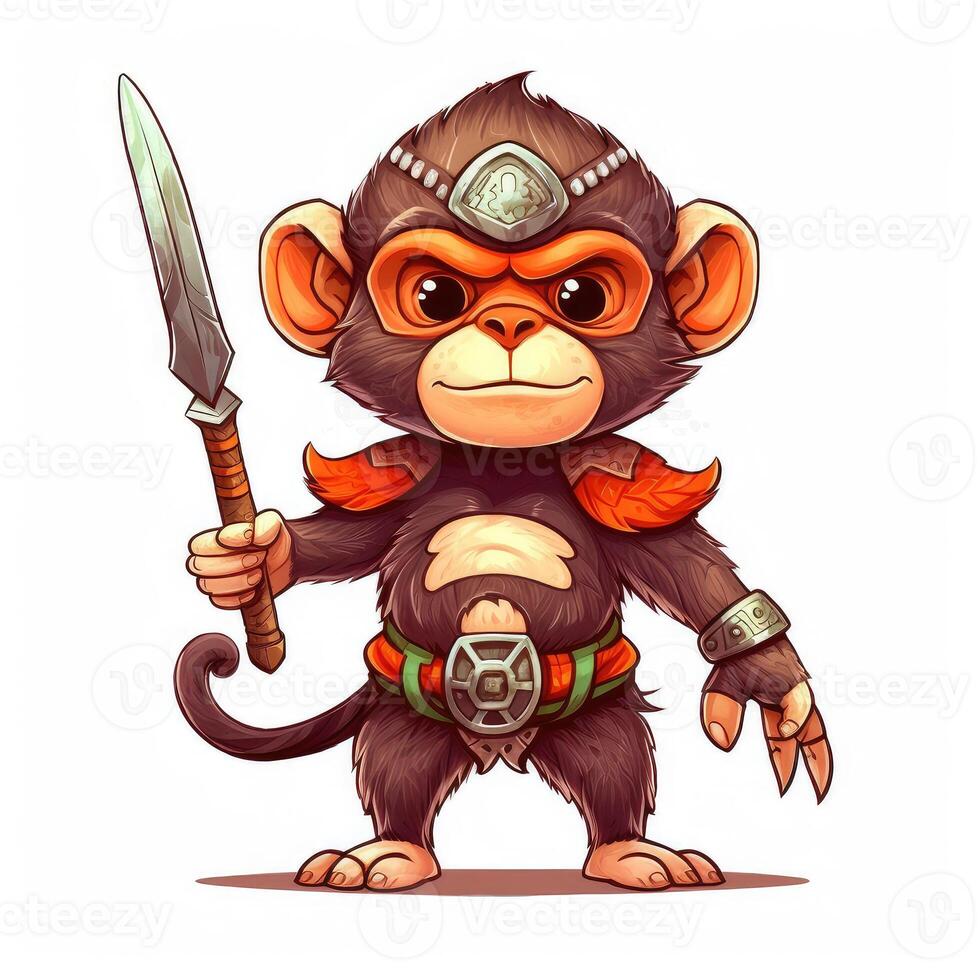 Cute animal of anthropomorphic monkey as warrior on isolate white background full body. Generative AI illustration. photo