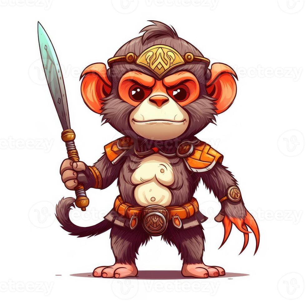 Cute animal of anthropomorphic monkey as warrior on isolate white background full body. illustration. photo