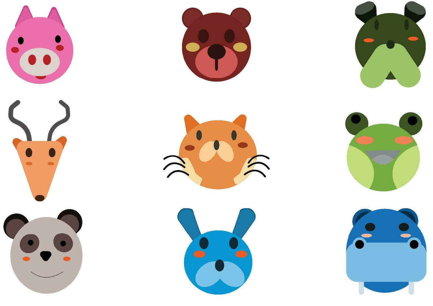 conjunto de animal cabezas colección.personajes retrato linda animal caras en blanco retratos de fondo, emoji gracioso animal, logo, pegatina, kawaii, vector gracioso dibujos animados y animal cabezas concepto.