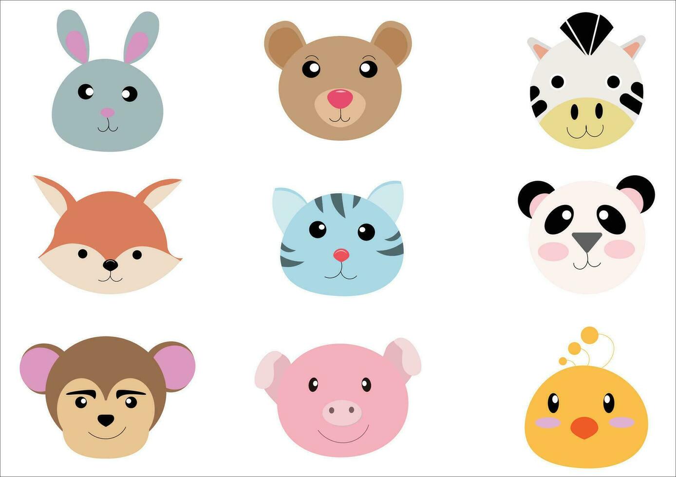 Set of animal heads collection.Characters portrait cute animal faces on white background.portraits, Emoji funny animal, Logo, sticker,Kawaii,Vector Funny cartoon and animal heads concept. vector