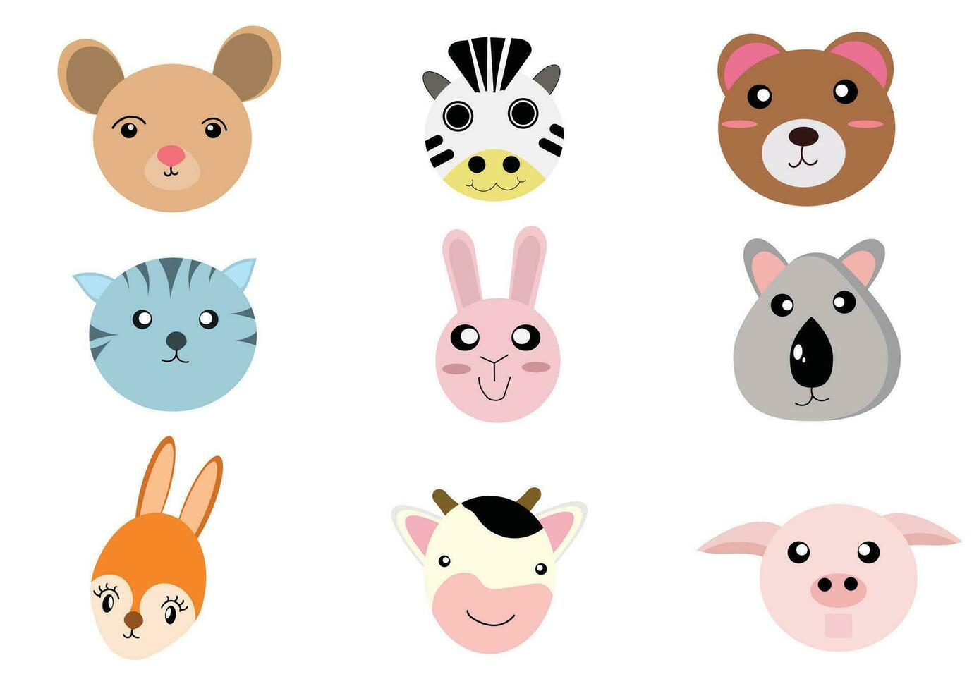 conjunto de animal cabezas colección.personajes retrato linda animal caras en blanco retratos de fondo, emoji gracioso animal, logo, pegatina, kawaii, vector gracioso dibujos animados y animal cabezas concepto.