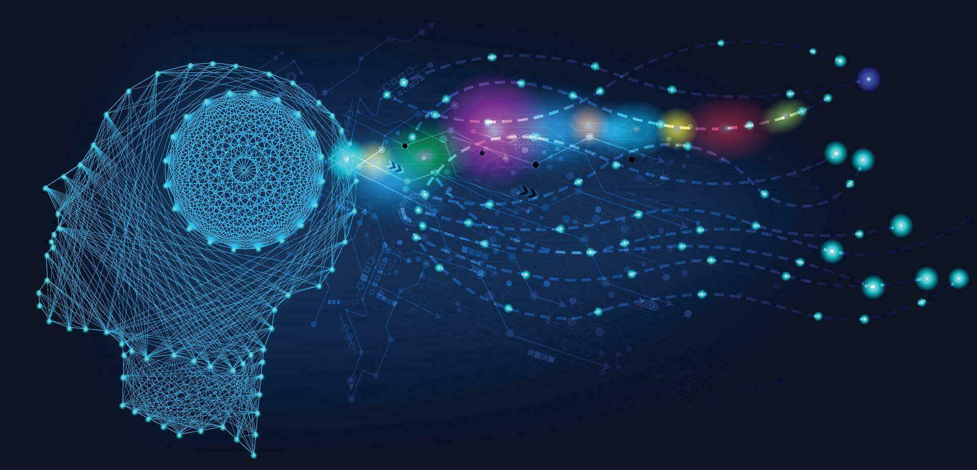 Abstract human head with a line brain network.circle and electricity with blue electronic cycle.Digital data,ai,ascience.Vector Technology background and Artificial intelligence concept. vector