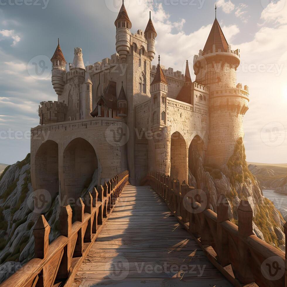 Old medieval.Medieval castle on the island and a bridge leading. illustration. photo